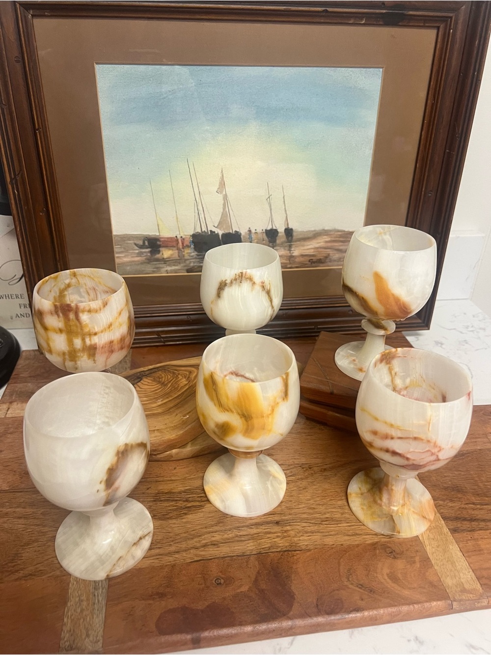 Set of 6 Onyx Alabaster Goblets - White and Amber Marbleized